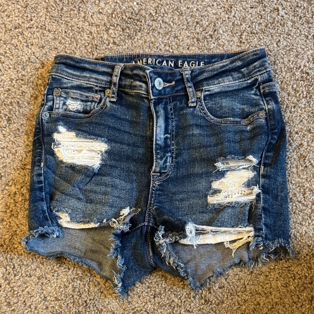 American Eagle Outfitters High Rise Ripped Dark Blue Jean Shorts